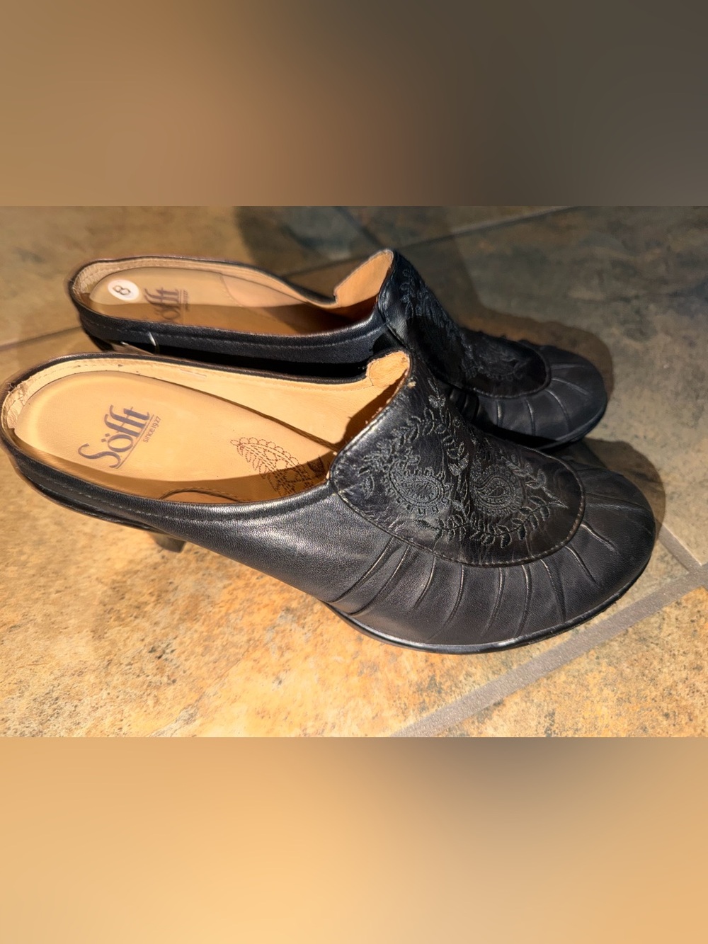 Sofft Black Embroidered Leather Mule Heels